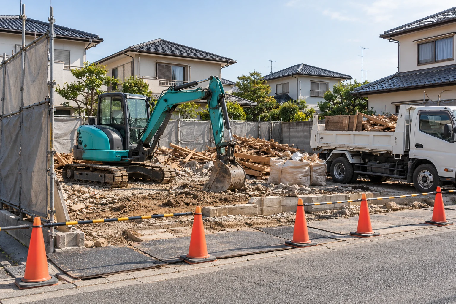 住宅の解体現場に配置された小型ショベルとトラック