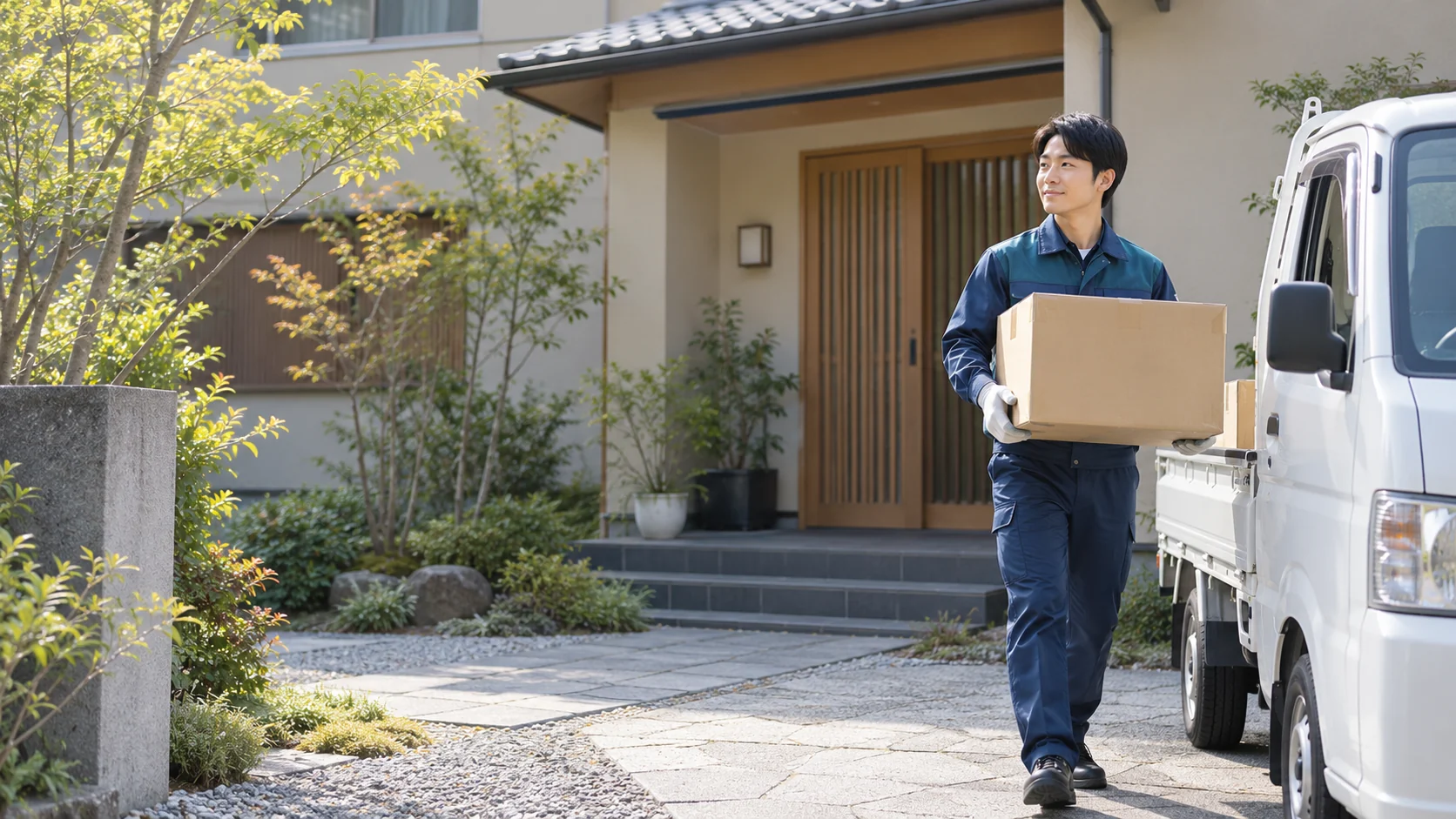 住宅の玄関で段ボールを運ぶ作業員と白いトラック